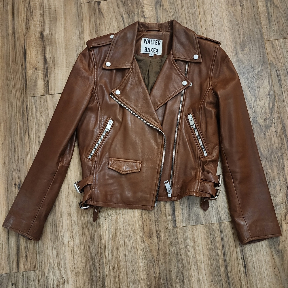 Walter Baker Light Brown Leather Moto Jacket Size Medium